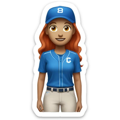 white female coach standing up with red hair in blue shirt and with a simple colored blue baseball hat sticker