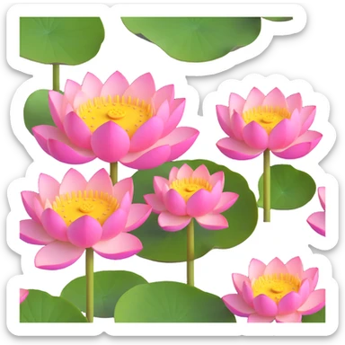 Detailed lotus flower with precise yellow seedpod center showing receptacle holes pattern, layered pink petals, and floating on botanically correct notched lotus leaf sticker