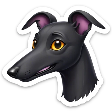 Cinematic Comical Black Greyhound Portrait Emoji, Head tilted dramatically with an exaggeratedly amused expression, featuring a glossy jet-black Fur and wide, expressive dark eyes filled with playful disbelief, Simplified yet hilariously expressive features, highly detailed, glowing with a slightly sassy glow, high shine, dramatic yet playful, stylized with an air of cheeky mischief, bright and endearing, soft glowing outline, capturing the essence of a spirited and over-the-top racer, so meme-worthy it feels like it could side-eye its way into internet fame instantly! sticker