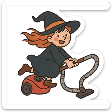 a witch riding a vacuum cleaner sticker