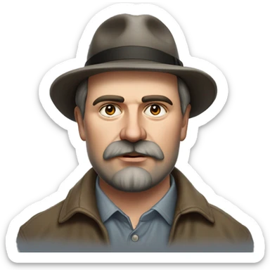 Russian writer Alexander Kuprin Photorealism A plump serious man of Slavic appearance with Small eyes with goatee beard and mustache, with a  short haircut, big detailed face, wrinkled face, wearing a fedora hat sticker