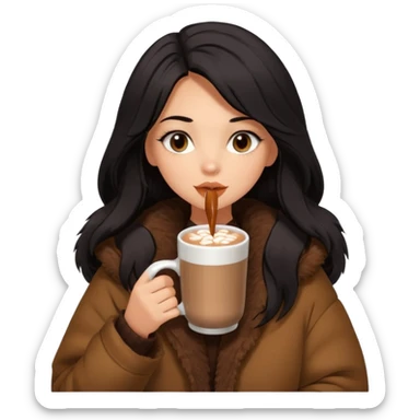 anned Girl with lashes , bright black long hair, in an extremely big fluffy brown oversized jacket, and drinking hot chocolate drink sticker