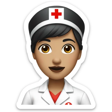 pixie cut black straight hair female nurse  hat with red cross sign in the middle wearing dress
pale skin color sticker