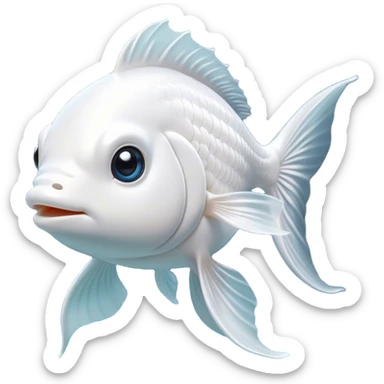 Cinematic Noble White Goldfish Portrait Emoji, Poised and regal, with a sleek, streamlined build and a luminous, pure white body, deep-set soulful pale eyes, Simplified yet sharp and sophisticated features, highly detailed, glowing with a soft, dignified glow, high shine, intelligent and graceful, stylized with an air of aquatic purity, focused and attentive, soft glowing outline, capturing the essence of a watchful and confident aquatic companion, so majestic it feels as though it could glide out of the screen with effortless authority! sticker