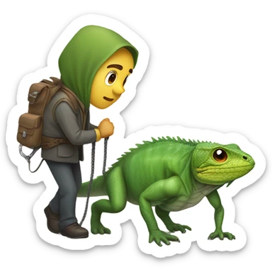 Man crawling on a leash on a walk by a lizard human sticker