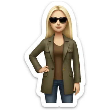 Realistic White woman with Long straight blonde hair and round sunglasses, camouflage Wool oversize blazer, bare legs and Brown leather boots  sticker