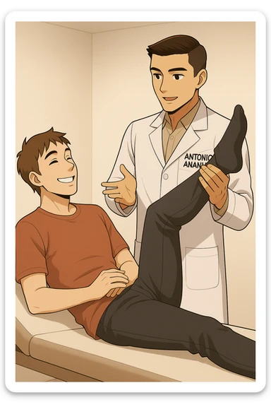 fai un webtoon manga a colori con questo stile, in cui un uomo è steso sul lettino medico e il kinesiologo con il camice bianco (fagli anche la scritta "ANTONIO ANANIA" SUL CAMICE, gli solleva una gamba per fargli il test neuromuscolare, IL KINESIOLOGO SPIEGA ALL'UOMO UNA cosa mentre gli alza la gamba. l'espressione dell'uomo è felice e soddisfatta, non fare i fumetti però, fai solo in modo che sembri stiano parlando, il lettino fai in modo che si veda tutto intero sticker