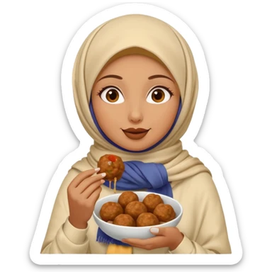 woman wearing a cream colored pashmina hijab eating meatballs sticker