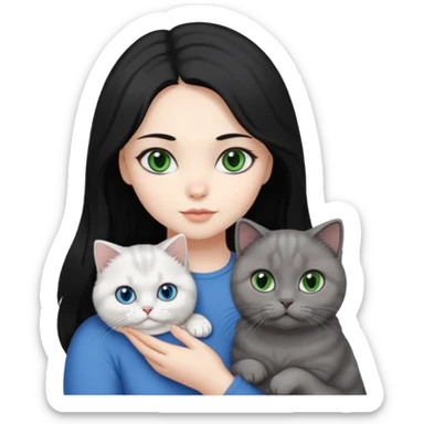 Black long hair, white skin, pretty black eyes, a woman with a gray Scottish fold green eye cat and a white blue eye cat
 sticker