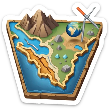 An icon featuring a crowbar and a geological map, and layers of Earth’s crust, symbolizing geology. The design includes mineral samples, fossils, and tectonic plates, representing the study of Earth’s structure and natural processes. Transparent background highlights geological exploration sticker