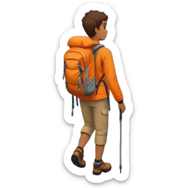 Person hiking through mountains, wearing orange jacket, carrying backpack, scenic landscape sticker