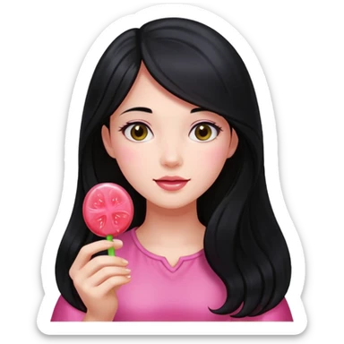 A girl with long black hair holding a piece of guava hard candy sticker