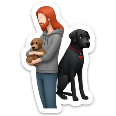 a slender man wear grey hoodie with a red beard hug a black Labrador sticker