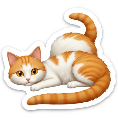 ginger and white cat with orange eyes doing a big extremely long stretch reaching up into the air with arms and legs side by side together straight and overextended whilst lying on its side sticker