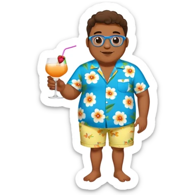 chubby guy full figure in a flowered azure havai shirt, brown shorts and flippers holding a cocktail sticker