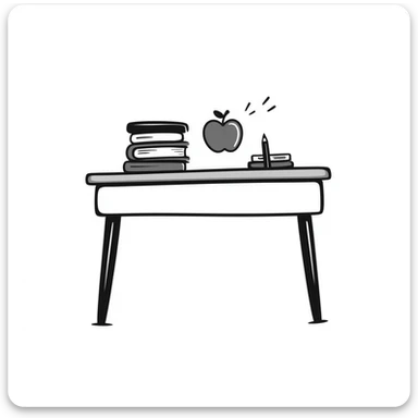 school desk viewed from front, hand drawn doodle style sticker