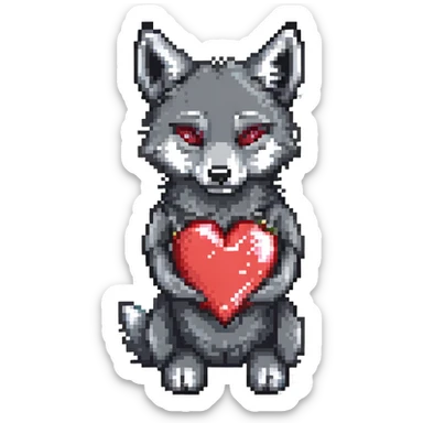black and red wolf hugging a heart pixel art sticker