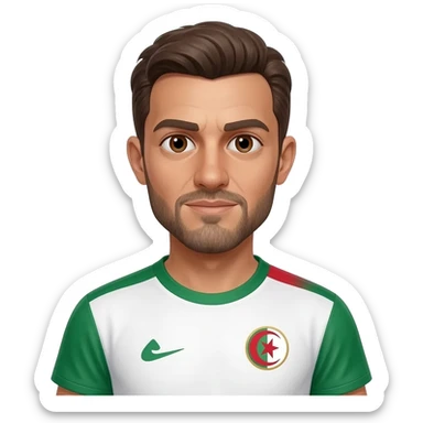 homme métisse algérien français peau claire yeux marrons 38 ans cheveux bruns petite calvitie et barbe avec maillot foot Algérie sticker