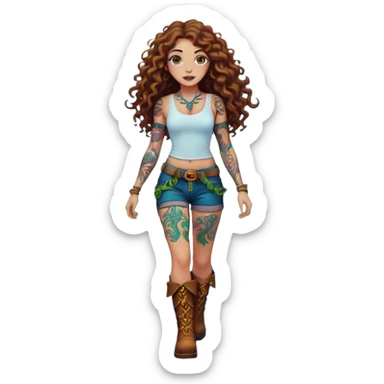 full body view of a woman with long curly brown hair, brown eyes, white skin, tattoos, walking forward through psychedelic fog, glowing vines wrapping around her boots sticker