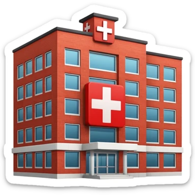 A hospital building with a red +. In PNG format. sticker