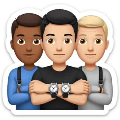 4 different men wearing black strap watches on their wrists portraits, head and shoulders only, watches clearly visible on arms, diverse face shapes and skin tones, 3D cartoon, mobile game icon style, clean background, no text, no watermark
 sticker