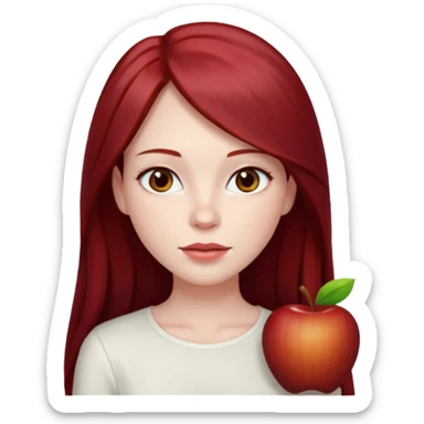 woman, pale skin, long straight dark red hair with layers, brown eyes, white top, apple emoji style sticker