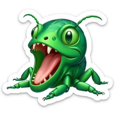 Cinematic Cute Yawning Green Bugdie Portrait Emoji, Head tilted slightly with a dramatic, wide-open yawn, showcasing a smooth, vibrant emerald exoskeleton with delicate patterns and tiny drooping antennae, round multifaceted eyes barely open in drowsy contentment, Simplified yet irresistibly adorable features, highly detailed, glowing with a soft, cozy glow, high shine, relaxed yet expressive, stylized with a touch of whimsy, bright and endearing, soft glowing outline, capturing the essence of a sleepy yet endearing insect, so drowsy it feels like it could stretch out of the screen and curl up for a nap! sticker