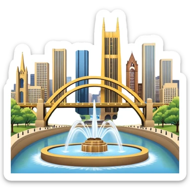 cinematic realistic emoji of Pittsburgh with wide city view featuring iconic landmarks Point State Park Fountain PPG Place US Steel Tower famous bridges lifelike detail accurate colors bright daytime lighting no sky no clouds transparent background sticker