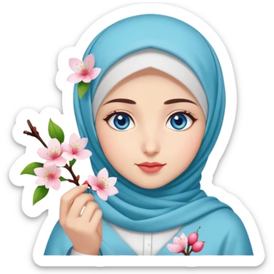 Turkish beautiful finish Konya girl blue eyes with hijab islamic dress and had on her hand cherry blossom sticker