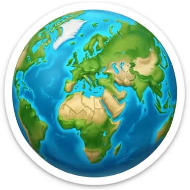 A 3D emoji in iOS emoji aesthetic style of planet Earth, showing blue oceans and green continents, soft glow effect, glossy surface, minimal white background, realistic Apple-style lighting sticker