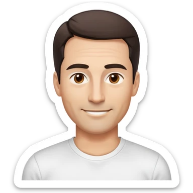 Fit good-looking man in his 40s with young appearance, light brown complexion, elongated face, fine jawline, intense brown eyes, medium eyebrows, straight narrow nose, attractive smile, short dark hair styled fresh, vibrant expression, wearing a white fitted athletic shirt sticker