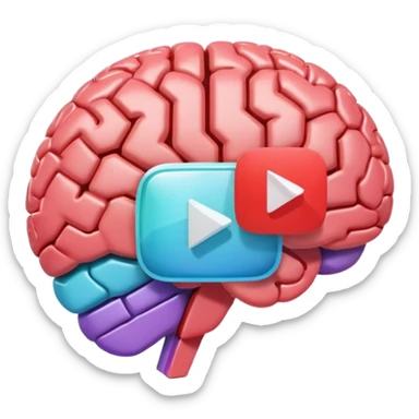 3D icon design, brain with YouTube play button symbol integrated into brain structure, glassmorphism style, soft shadows, gradient colors, modern app icon aesthetic, isometric view sticker
