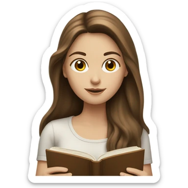White girl with long brown hair reading a book sticker