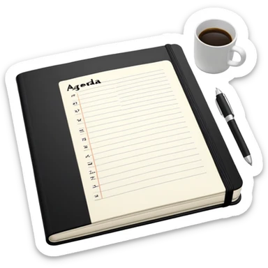 An open black Moleskine notebook with 'AGENDA' written in bold at the top of the page and meeting items with bullet points clearly visible below sticker