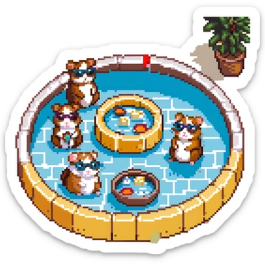 a group of hamsters at a weed-themed pool party with cheese, cult-like vibe, pixel art style sticker