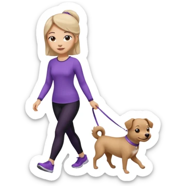 Chinese woman wearing purple top and black leggings walking 1 small brown dog sticker