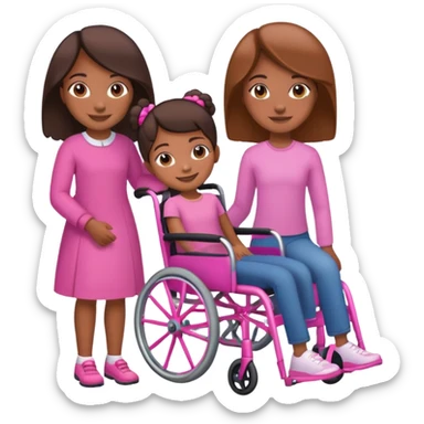 One tan skin sister standing behind her brown skin sister in a pink wheelchair sticker