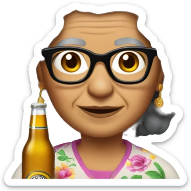 Mexican grandma with long curly black hair and glasses and a corona beer sticker
