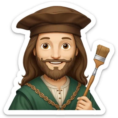 Leonardo da Vinci as an emoji, smiling, holding a paintbrush, Renaissance attire sticker