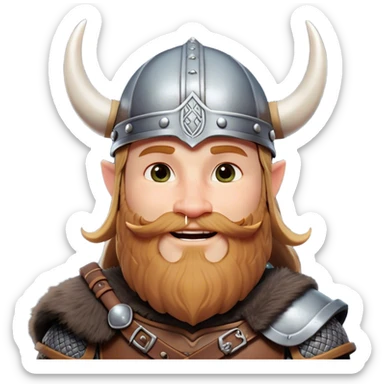 Clash of Clans aesthetic: Cinematic Playful Viking Portrait Emoji, Head tilted with a cheeky grin and twinkling eyes, featuring a compact, charming build with a modest, stylized Viking helmet and a playful beard, his face rendered in natural skin tone, Simplified yet irresistibly charming features, highly detailed, glowing with a warm, inviting radiance, high shine, spirited and lively, stylized with an air of whimsical Nordic mischief, soft glowing outline, capturing the essence of a playful Viking exuding friendly rogue charm! sticker
