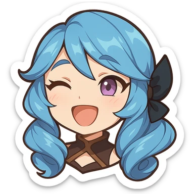 chibi emote of Gwen from League of Legends, only the head, right eye purple, borderless, laughing expression sticker