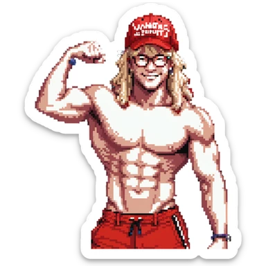 Man with black and white cap with VANOMAS text, bare torso, red shorts, clear glasses, messy light blond mullet hairstyle, smiling and flexing muscles sticker