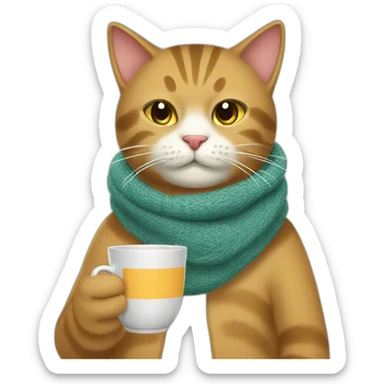 the cat is sick drinking tea with a scarf on his throat sticker