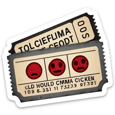 Minimalist emoji-style sticker of an old torn cinema ticket, blood-stained edges and burn holes, grayscale paper

 sticker