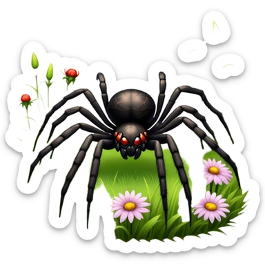 Huge spider sitting on grass with flowers, surrounded by a lush meadow. Detailed legs and body, with soft natural lighting enhancing its texture. Calm, serene background with vibrant greenery and a clear sky. Transparent background. sticker