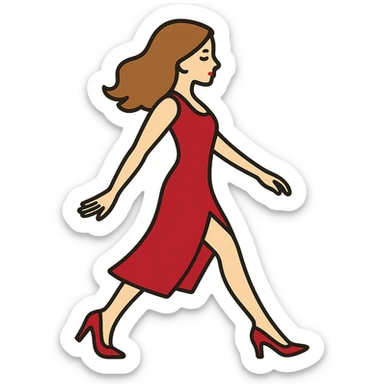 Depict the same girl from the previous reference (Screenshot_16.png) with the same appearance, hairstyle, red dress, and shoes in the style and color as before, but with the arm and leg positions as shown in the new sketch (1 (2).png). The background should be transparent. sticker