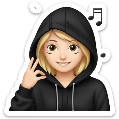 a smiling face peeking out from a hoodie with musical notes around sticker