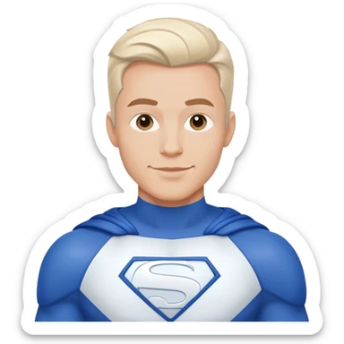 Emoji of a friendly, clean-shaven man in a blue and white superhero suit. The suit features a large blank area on the chest for a logo, uses only blue and white colors, and has minimal details. The man has a cheerful expression. Minimalist style sticker