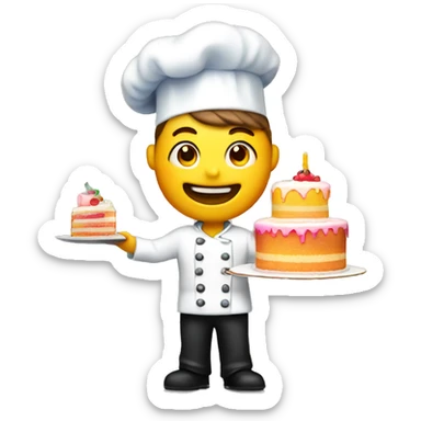 A pastry chef with a bright colored light holds a cake with three tiers in one hand sticker