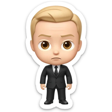 "Create a 3D emoji of Big Boss Baby with his sharp suit, slicked-back hair, and a confident, serious expression. Make it vibrant and playful, capturing his business-savvy attitude in a fun, exaggerated way!" sticker